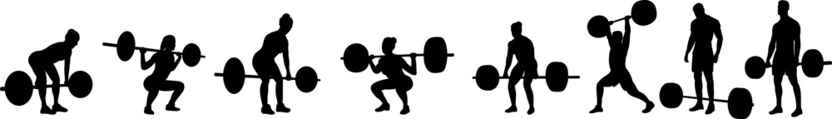 Silhouette of people with barbell training, vector set