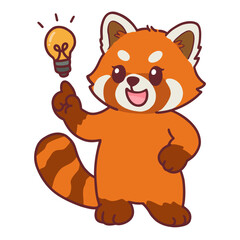 Obraz premium Cute red panda cartoon mascot pointing up at a glowing light bulb idea