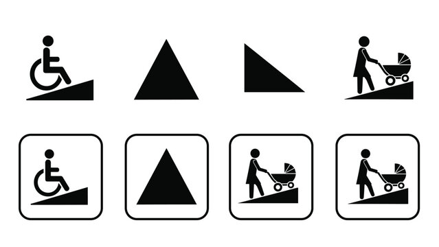 A set of accessibility icons for ramps, including symbols for wheelchair access and stroller-friendly inclines in public spaces.