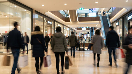 Blurred background of a modern shopping mall with some shoppers. Shoppers walking at shopping center, motion blur. Abstract motion blurred shoppers with shopping bags