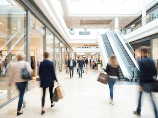 Blurred background of a modern shopping mall with some shoppers. Shoppers walking at shopping center, motion blur. Abstract motion blurred shoppers with shopping bags