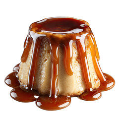 A rich, creamy dessert glistening under a thick, flowing caramel glaze
