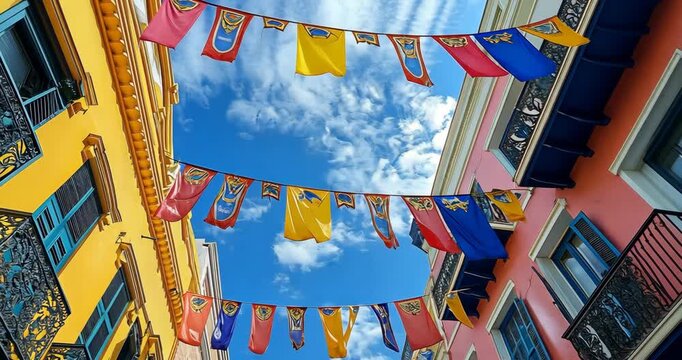 A vibrant street scene with colorful buildings adorned with festive flags under a clear blue sky, perfect for travel.