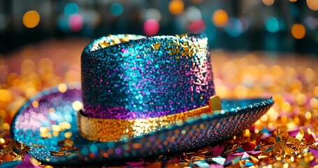 A close-up shot of a glittery hat surrounded by colorful confetti, creating a festive and celebratory atmosphere with bokeh lights.
