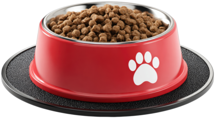 Red pet food bowl filled with kibble on a black mat
