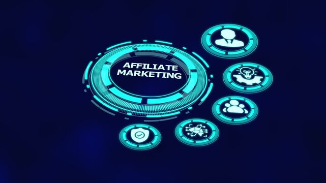 Affiliate marketing strategy with digital performance dashboard interface, partner revenue icons and online commission growth system.