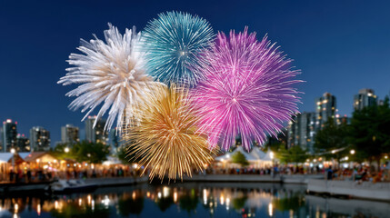 Canada day celebration with fireworks exploding over city skyline