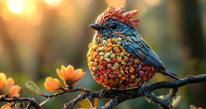 A colorful, handcrafted bird perches on a branch with orange flowers, bathed in warm sunlight and bokeh.