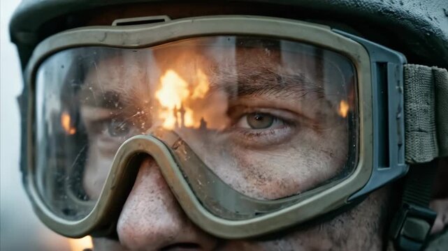 Man soldier in goggles with fire reflection, battlefield and combat scene. Military correspondent in danger zone.