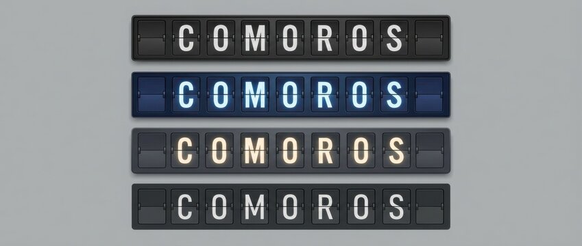 comoros airport split flap display title set with the word comoros spelled across flipboard tiles includes four different board styles