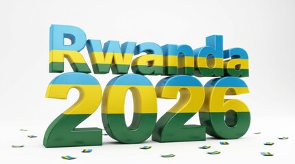 bold rwanda 2026 made of 3d extruded metal digits painted in flag palette on bright white background bold 3d celebratory number design perfect for new year posters cards and social media templates