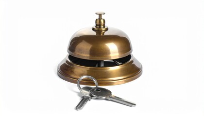 Brass Hotel Service Bell with Room Key &ndash; Hospitality Symbol on Bright Background