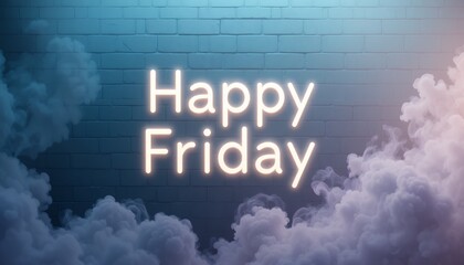 Neon Happy Friday sign glowing above dreamy misty clouds against brick wall