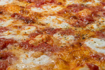 texture view of a baked pizza surface showing bubbled melted mozzarella cheese mixed with red tomato sauce and scattered dried herbs.