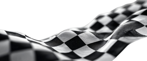 Waving black and white checkered fabric, close-up, isolated on black