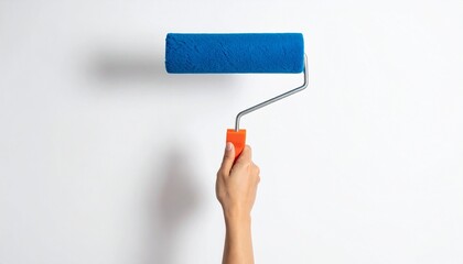 Paint Roller in Hand &ndash; Blue Foam Cover Applying Paint on White Wall