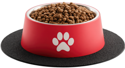 Red pet food bowl with paw print filled with kibble on black mat