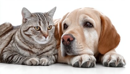 Heartwarming Companionship of a Playful Yellow Labrador and a Cute Gray Striped Tabby Cat Together
