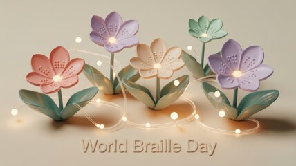 colorful flowers with braille dots on petals and string lights  World Braille Day