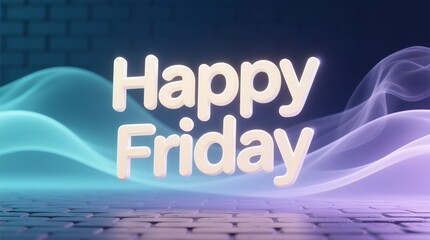 Neon glowing Happy Friday sign with pastel smoke waves over tiled floor
