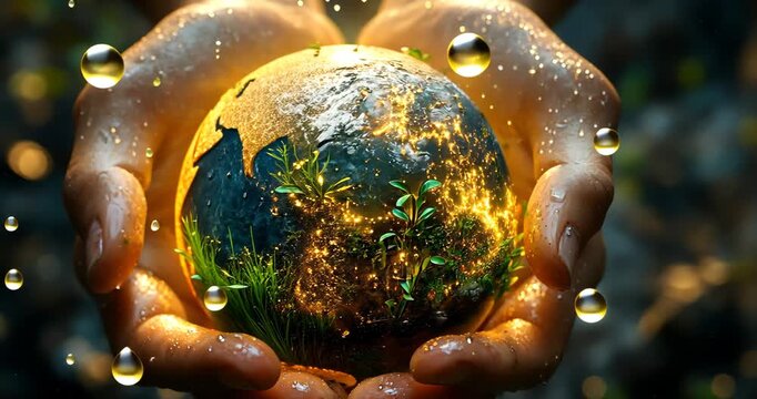 Close-up shot of hands holding a glowing miniature Earth, symbolizing care for the environment and a sustainable future.
