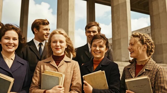 Group of smiling young women and men students holding book before large building columns. Soviet era higher education with happy youth.
