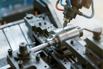 Close-up of a CNC machine machining a metal component in an industrial setting