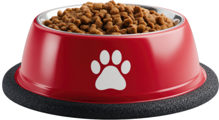 Red pet food bowl filled with kibble, featuring a white paw print