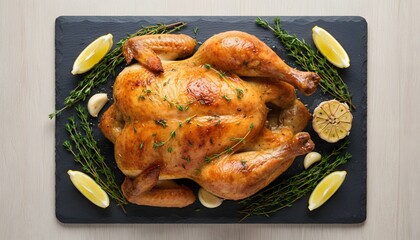 Delicious Golden Roasted Chicken with Fresh Herbs and Lemon on Slate, Top-Down Flatlay
