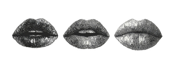 Three textured lips in grayscale against a black background