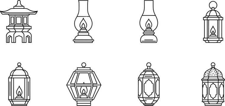 Set of Various Traditional Lantern and Lamp Outline Icons