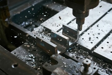Close-up of a milling machine drilling into metal workpiece with metal shavings flying off
