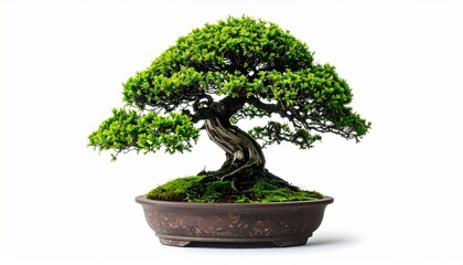 Bonsai Tree in Ceramic Pot &ndash; Gnarled Trunk and Symmetrical Canopy with Moss Base