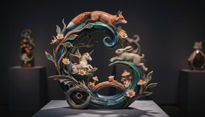 Intricate art nouveau inspired ceramic display showcasing a running fox a leaping rabbit and a winged unicorn on a circular base