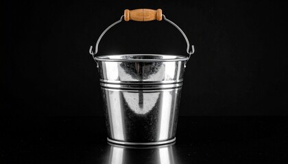 Metallic Bucket with Wooden Handle &ndash; Reflective Surface and Structural Ridges on Black Background