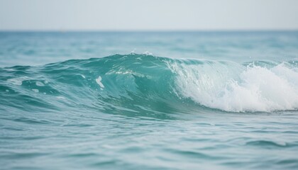 Fototapeta premium Close up view of a turquoise ocean wave curling and breaking into white foam under a clear sky during a bright sunny day