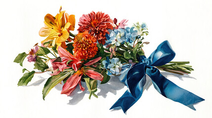 Watercolor Style Colorful Flower Bouquet with Blue Ribbon