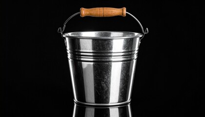 Metallic Bucket with Wooden Handle &ndash; Reflective Surface and Structural Ridges on Black Background