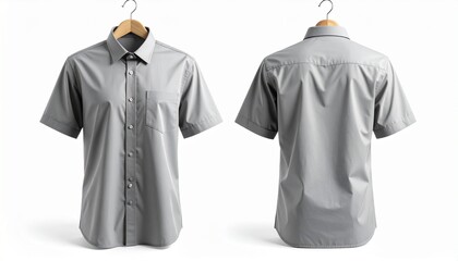 Gray Short-Sleeve Button-Up Shirt &ndash; Front and Back Views on Hanger Against White Background