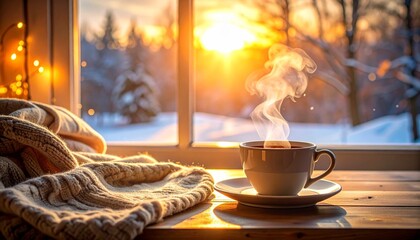 冬の窓辺の安らぎ：朝日に輝く雪景色と温かい飲み物。心地よい室内のライフスタイル背景素材