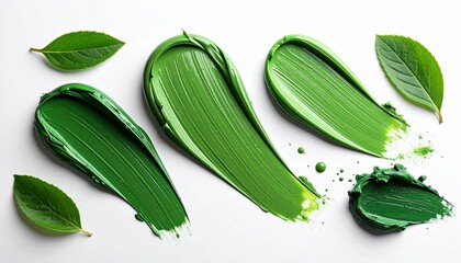 Green Paint Smears with Leaves &ndash; Artistic Brush Strokes and Natural Elements on White Background