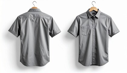 Gray Short-Sleeve Button-Up Shirt &ndash; Front and Back Views on Hanger Against White Background