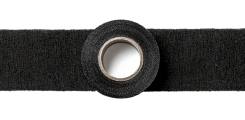 Black electrical tape on a roll, unwound onto a dark background