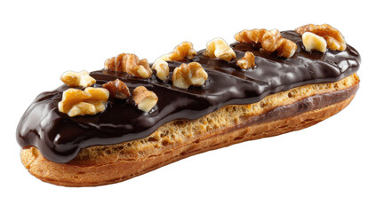 Rich chocolate-covered pastry filled with cream and topped with nuts