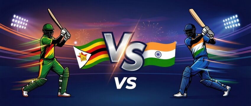 zimbabwe vs india electric cricket match poster template featuring two rival batters facing off with raised bats
