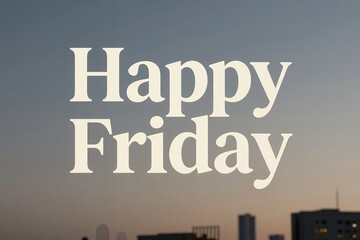 Sunset city skyline with bold retro serif greeting text happy friday across sky
