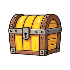 A cartoon, wooden treasure chest with metal reinforcements