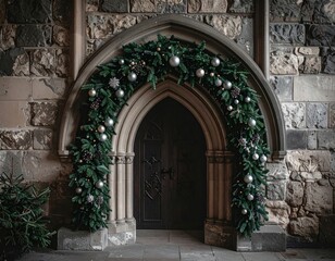 Fototapeta premium Holiday Decorations Adorn an Old Stone Archway Entrance at a Historic Building During Winter Season