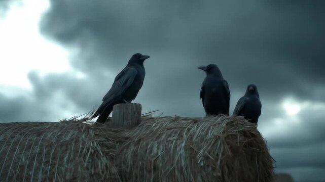 Three dark crows perch atop a weathered, hay bale under a brooding, cloud-choked sky. A looming hush