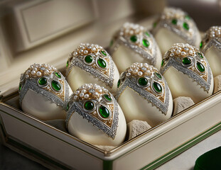Ornate jeweled eggs with emerald stones pearls and crystals in luxury presentation box. Luxury Easter gift.